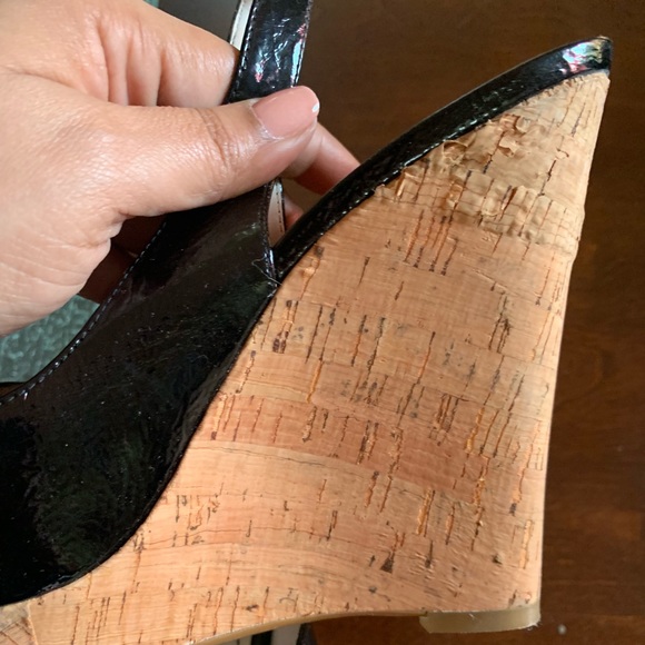 Black Patent Leather Cork Sling Back Wedges - Picture 5 of 8